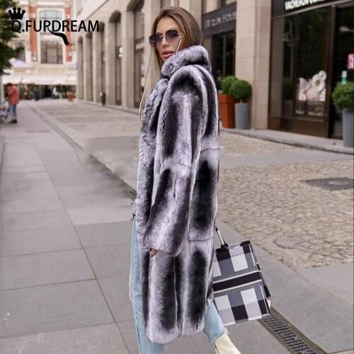 StripeQ.FURDREAM New Trendy Rex Rabbit Fur Coat Long Style Stripe Stand Collar Jacket Winter Thick Warm Luxury Fashion Clothing