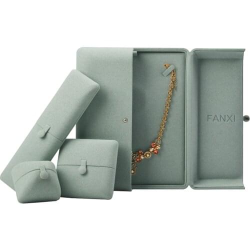Oirlv New Arrivals Jewelry Packaging Box Gift Box Ice Blue Microfiber with Metal Button Ring Pendant Bracelet Chain Box