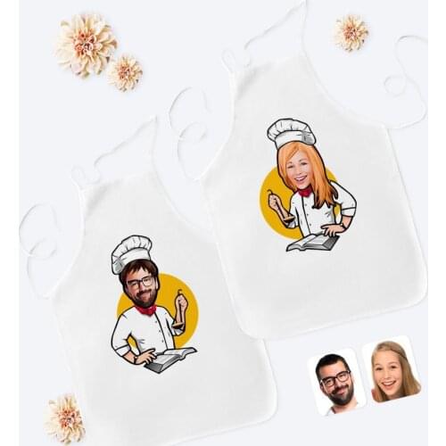 Personalized Dual Male and Female Chef Caricature Of White Kitchen Apron Seti-12 Custom Design Souvenir Beautiful Memories friends