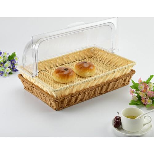 Rattan woven bread basket with cover cake snack tray with transparent cover sample plate rattan woven plastic fruit basket
