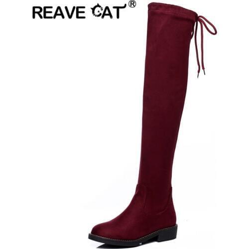 REAVE CAT Women boots New Autumn Winter Ladies Slim Flat heels boots black shoes Over the knee Thigh stretch Fabric RL3554