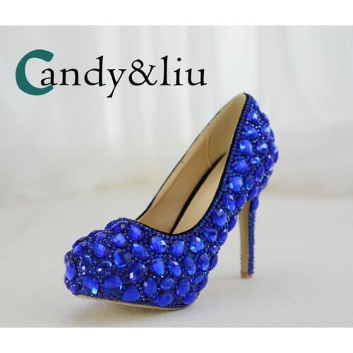 Blue Rhinestone Wedding Shoes Super High Heel Round Toe Slip-on Crystal Women Pumps for Bridesmaid Party Banquet Handmade