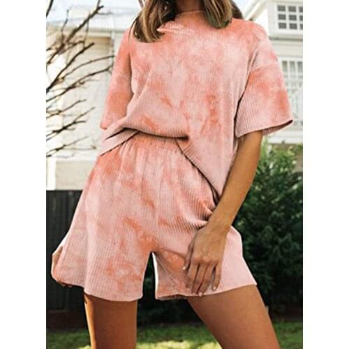 Women Half Sleeve T-Shirt Top Shorts Homewear Two Pieces Suit Leisure Set Shorts Bottom Outfit Fashion Summer Tie-Dye Round Neck