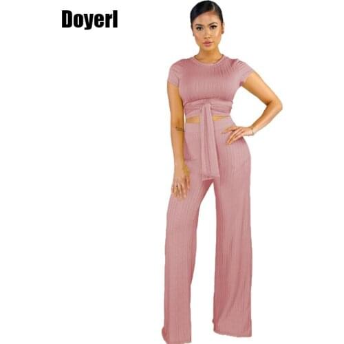 Women 2 Piece Set Top and Pants Casual Women Set Summer Clothes 2020 Front Tie Crop Top Wide Leg Long Pants Set Tracksuit Suit
