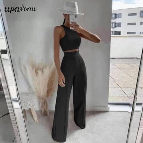 Free Shipping 2021 Summer Womens Black Knit Pants Set Sexy O-neck Sleeveless Tight Top & Wide Leg Pants Casual Two-piece Set