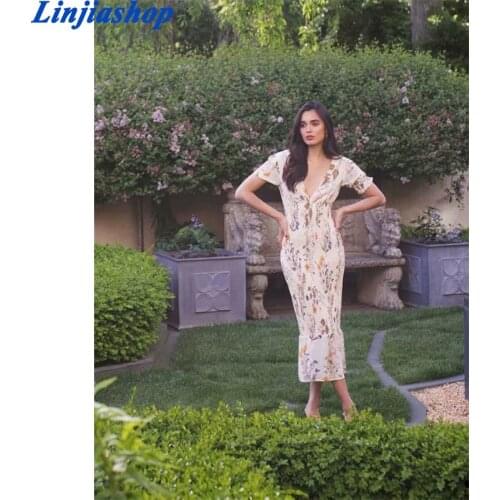 Chic long dress v neck vestidos vintage elastic fashion summer autumn midi beige floral print dress women
