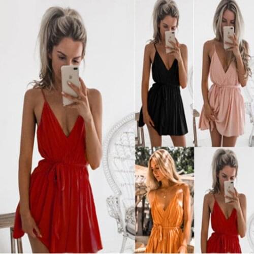 2021 Summer Sexy Deep V Neck Spaghetti Straps Womens Empire Dress Fashion Backless Solid Pleated Belt Beach Ladies Mini Dresses
