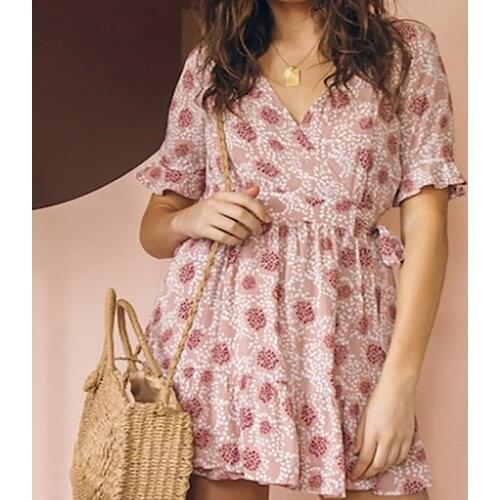 Spring Summer Ladies 2021 Casual V Neck Chiffon Short Sleeve High Waist A Line Miidle Length Flower PrintDress