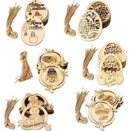 200 Set Wooden Hollow Happy Easter Rabbit Eggs Decoration Home Pendants Ornaments Bunny Wood Craft Easter Supplies Wholesale