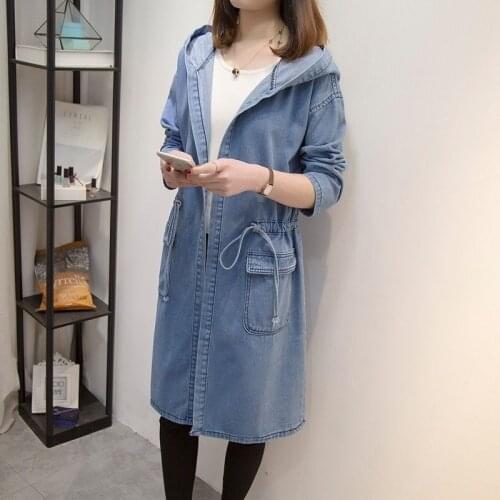 2021 Spring Autumn Womens Long Cropped Denim Hooded Windbreaker Blue Oversized Jean Vintage Jacket Fashion Coat Gothic Clothes