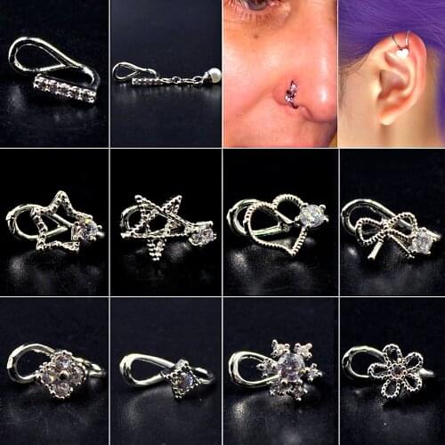 Zircon Star Flower Top Ear Clasp Ear Clip Faux Piercing Non Piercing Earring Gem Flower Fake Nose Ring Septum Clicker Jewelry