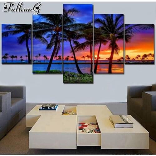 FULLCANG Sunset coconut tree 5 piece diy diamond painting full mosaic cross stitch rhinestone embroidery kits home decor FG0293