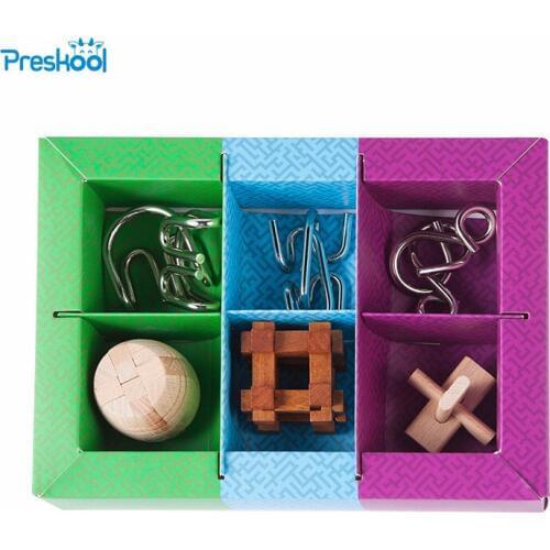 Brain Teaser Toy 1 Lot=6 PCS Kongming Lock Magic Trick China Traditional Puzzles Baguenaudier Rings Cardans Suspension