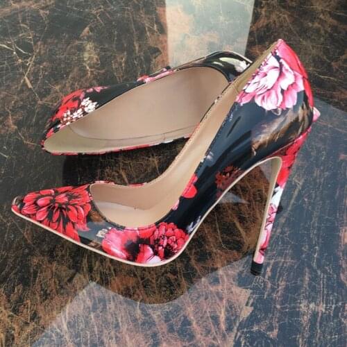 Red black flower pointed toe ladies pumps shallow women 12cm high heels pumps sexy wedding party shoes QP061 CHENSIR9