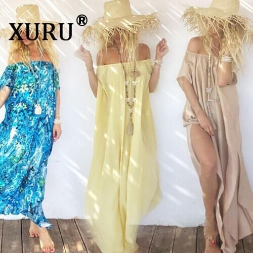 XURU summer new chiffon dress print tube top loose dress bohemian holiday beach split long dress