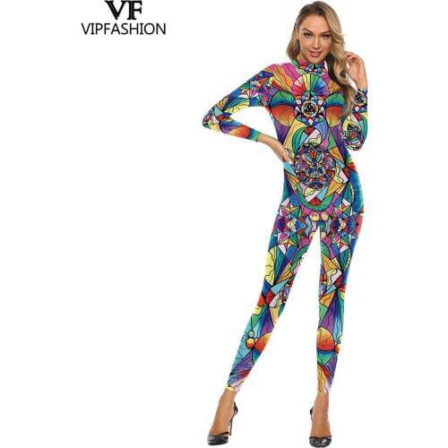 VIP FASHION Printed Jumpsuits Female Romper Ladies Bodysuit Women Club Party Sexy Bodysuit Art Printed Colorful