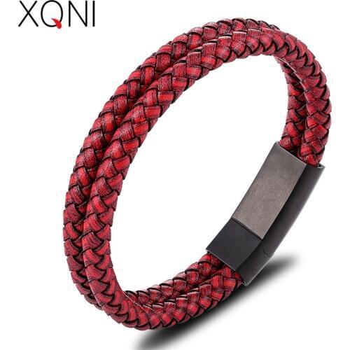 XQNI Simple Style Jewelry Smooth Black Stainless Steel Button Combination Mens Leather Bracelet Commemorative Gift Accessories