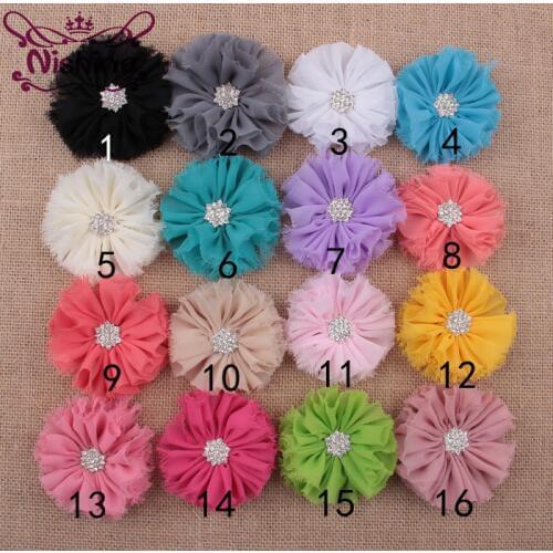 Nishine 30pcs/lot 2.8" Shabby Chiffon Flower With Star Rhinestone Button For Girl Headband Hair Clip DIY Hair Accessories