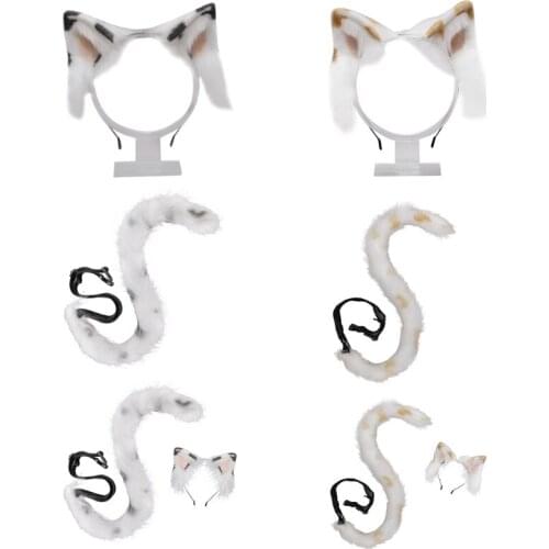 Girls Cat Ears Tail Set Plush Hair Hoop Cow Pattern Lolita Lovely Party Headdress Anime Cosplay Party Kawaii Accessories