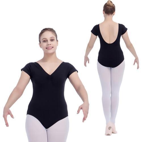 Retail Wholesale Black Cotton/Lycra Cap Sleeve Ballet Dancing Leotard with Pinch Front for Ladies and Girls
