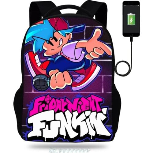 Games Friday Night Funkin School Bags USB Charge Black Print Backpacks For Teenagers Boys Girls School Bag 16Inch rucksuck balso