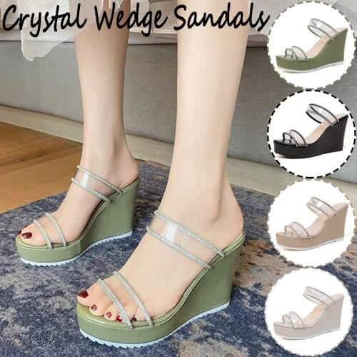 SAGACE Casual Thick Heel bottom Slippers Square Heel Womens Transparent Lace Slip On Sandals Shoe Fashion Crystal Wedge Sandals