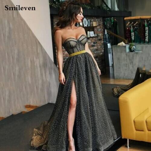 Smileven Modest Black Evening Dresses 2021 A Line Glitter Tulle Sexy Prom Gowns Robe de mariee Evening Party Dreses