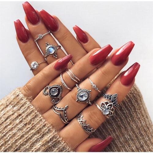 UMKA 12 Pcs/Set Vintage Natural Opal Stone Silver Color Ring Set For Women Fashion Heart Crown Knuckle Rings Boho Jewelry