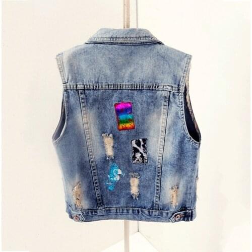 Women Casual Slim Fit Short Denim Sleeveless Jacket Spliced Hole Ripped Jean Vest Streetwear Tops Female Cowboy Waistcoat Vests
