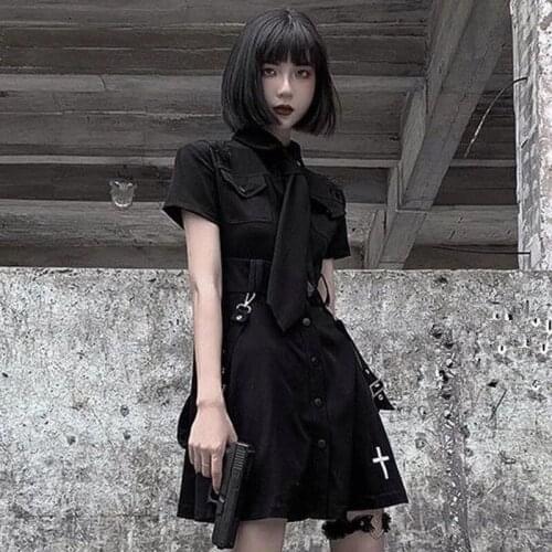 Goth Dress Women Harajuku Cross Embroidered Uniform Mini Dress Summer Gothic Punk Short Sleeve Dresses Emo Clothes Dark Academia