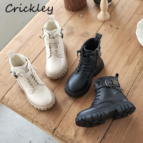 Spring Autumn Buckle Boys Girls Fashion Boots Chain Zip Ankle Shoes For Kids Comfortable PU Leather Anti Slip Children Boots