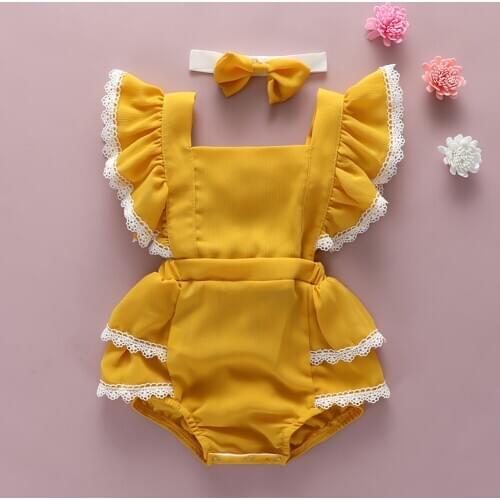 Baby Leisure Square Collar Girl Clothes Delicate Exquisite Soft Comfortable Feel Summer Fly Sleeve Sunsuit Headwear Set