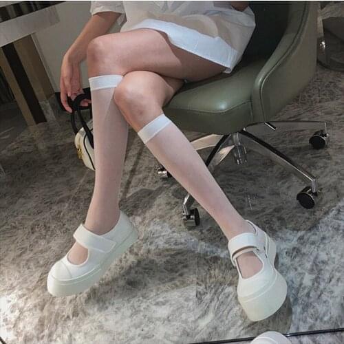 Japanese Ultra-thin High Knee Socks Women Transparent Nyon Long Socks Femme White Black Socks Cosplay Dress Calcetines Medias