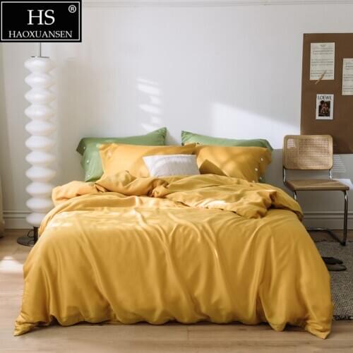 Ginger Yellow 4Piece Bedding Sets Tencel Lyocell Soft Breathable Pillowcase Duvet Cover Fitted Sheet Bed Sheet Queen King Size