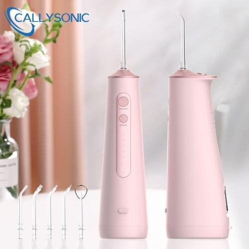 CALLYSONIC Portable Oral Irrigator Water Flosser USB Rechargeable 5 Nozzles Water Jet With 245ml Water Tank Waterproof