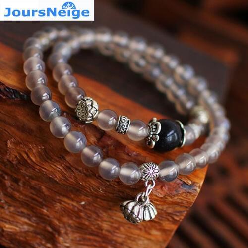 JoursNeige Natural Gray Crystal Bracelets Tibetan Silver Lotus Pendant for Girl Women Crystal Bracelet Double Circle Jewelry