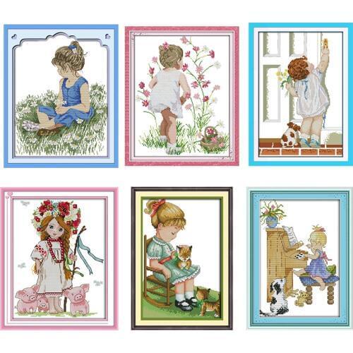 JoySunday Cute Girl Series Counting Cross Stitch 14ct 11ct Canvas Print DIY Embroidery Kit Home Decoration Painting Needlework