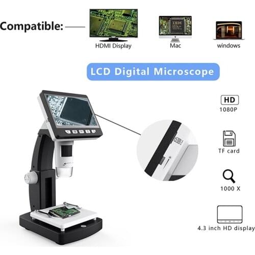 4.3 Inch LCD Display Microscope for Soldering Electronic 1000X Microscopes Continuous Amplification Magnifier For Windows Mac
