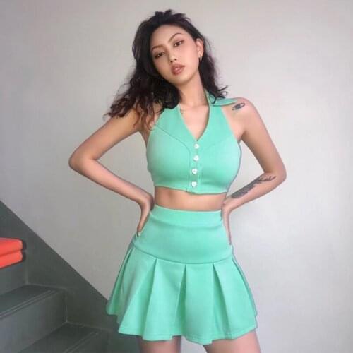 Mint Green Sexy Hip Hop Jazz Dancing Clothes Suit Pleated Skirt Cheerleading Performance Costume Outfit European Clothing YS1553