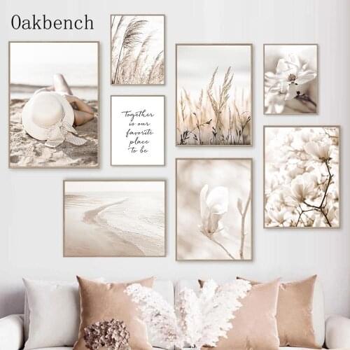 Beige Landscape Canvas Art Print Beach Beauty Wall Art Posters Flower Paintings Nordic Wall Pictures For Living Room Decor
