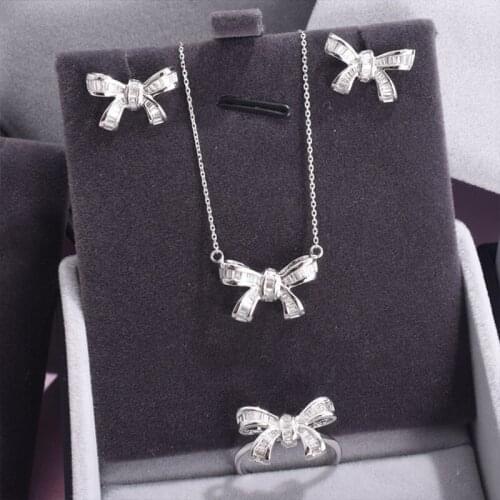 New 925 Sterling Silver Exquisite Tiny Design Advanced Bowknot Fashion Sets Rings Charm Earrings Luxury Wedding Necklaces Jewelr