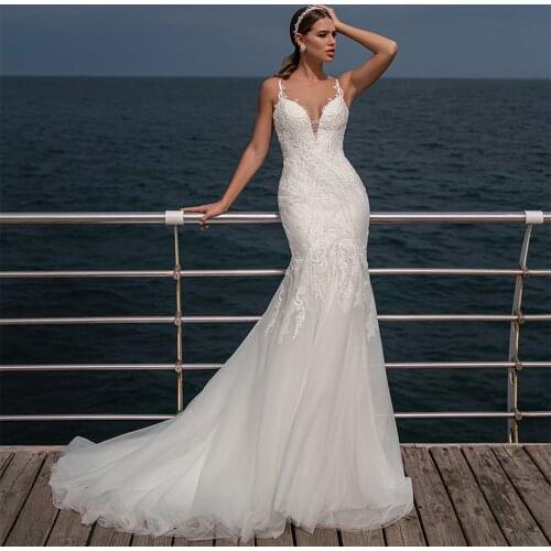 Charming Tulle Mermaid Sleeveless Spaghetti Straps Sweetheart Wedding Gowns Bridal Dresses 2021 Sweep Train Robe De Mariée