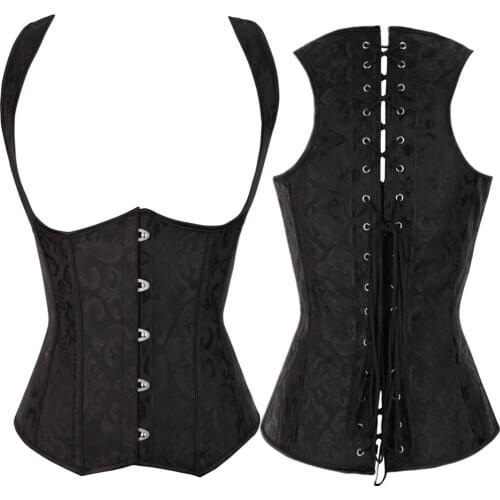 Brocade Floral Vest Corset Top Steel Boned Underbust Bustier Shoulder Straps Corselet Slimming Waist Cincher Shapewear