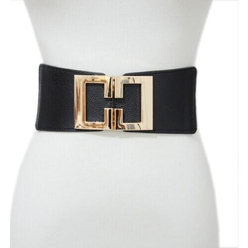 Women Gold Square Buckle Belt New Elastic Pu Belts for Women Stretch Black Waistband Female Dress Fashion High Quality