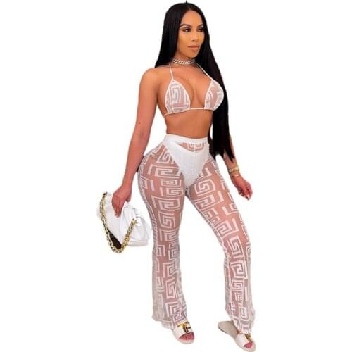 Sexy Mesh Swimwear Women 3 Piece Set Lace Up Bra Underwear And Pant Suits Fashion Paisley Print Summer Beach Swimsuit Bikini Set