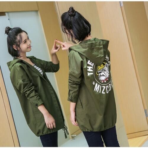 Mid-length Printed Trench Coat Women Single-breasted Korean Casual Hooded Stitching Overcoat Female Loose Thin Windbreaker E140