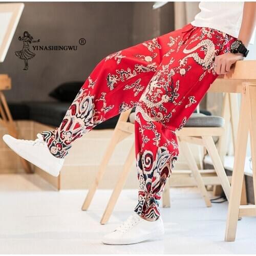 Ukiyo Wave Print Casual Elastic Cartoon Leisure Loose Harem Unisex Trousers Japanese Kimono Haori Pants Asian Men Kimono Yukata
