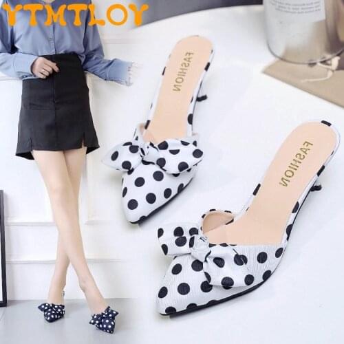2021 spring and summer womens shoes Korean style pointed bow slippers Baotou high-heeled half slippers