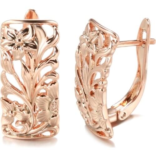 Kinel Vintage Rose Gold Hollow Flower Earrings 585 Gold Boho Ethnic Wedding Cilp Earrings for Women Elegant Fashion Jewelry Gift