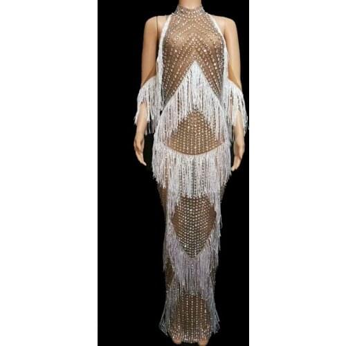 Luxurious Rhinestones Fringes Long Dress Women Evening Prom Party Celebrity Birthday Dress Sexy Mesh See Through Tassel Dresses
